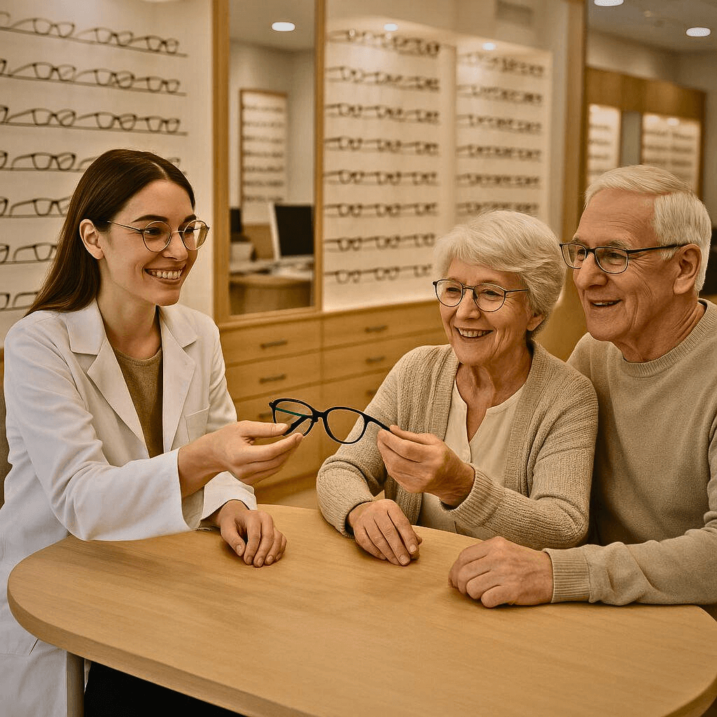 Pareja de adultos mayores recibiendo asesoría personalizada en una óptica en Bogotá, con atención profesional y amable.