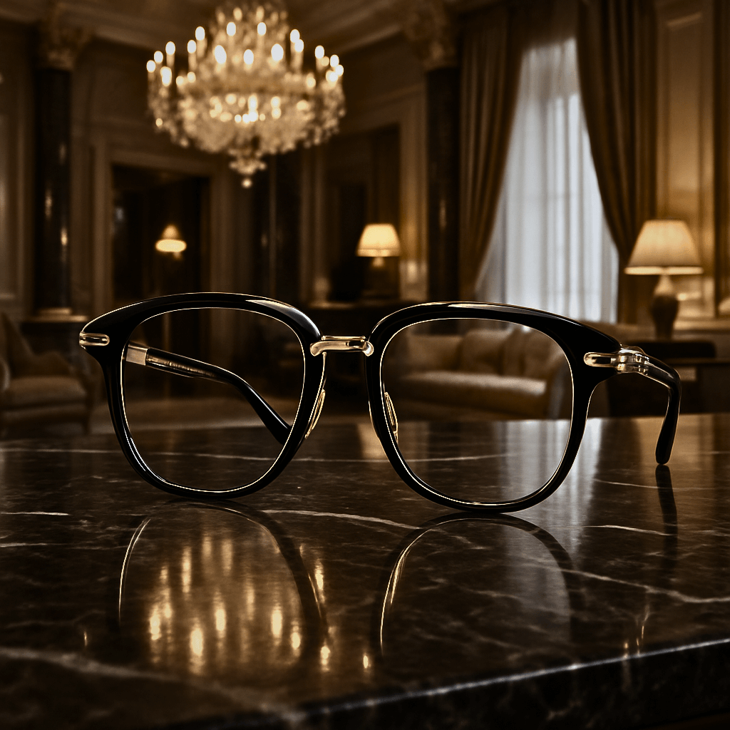 Gafas de diseño elegante sobre mesa de mármol en ambiente lujoso, representando una óptica premium en Bogotá.