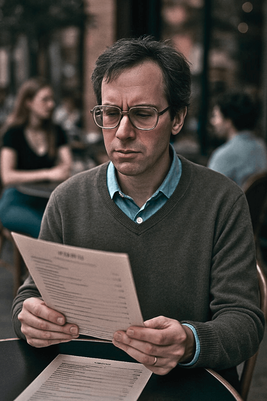Hombre con gafas intentando leer un menú con expresión de dificultad visual, representando problemas de enfoque comunes después de los 40.