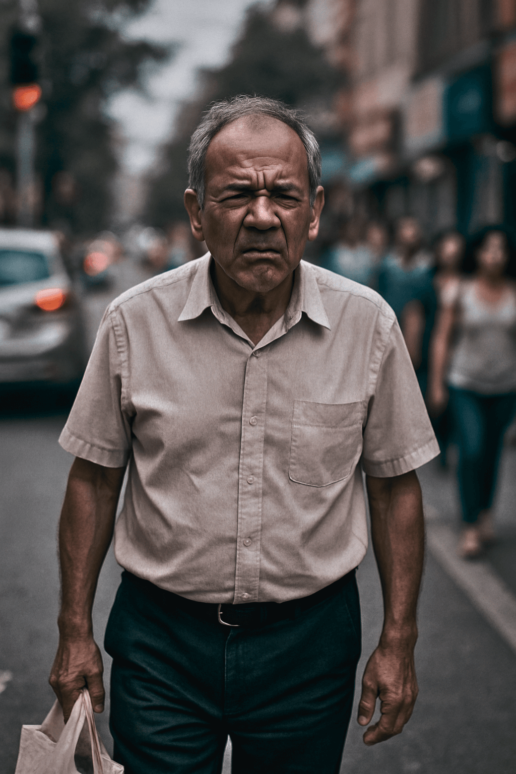 Hombre mayor con expresión de incomodidad al caminar por la calle, posiblemente por dificultad visual no tratada.