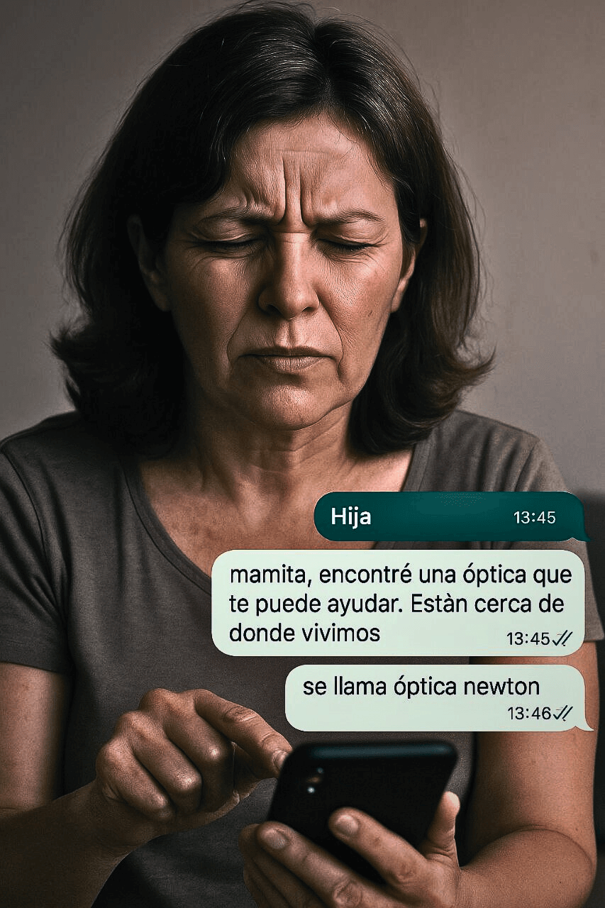 Mujer adulta mayor con expresión de dificultad visual al intentar leer un mensaje en su celular, donde su hija le recomienda una óptica cercana.