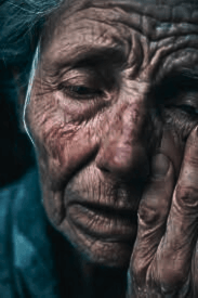 Rostro de una mujer mayor con expresión de dolor y cansancio, tocándose el rostro, reflejando sufrimiento por problemas visuales no tratados.