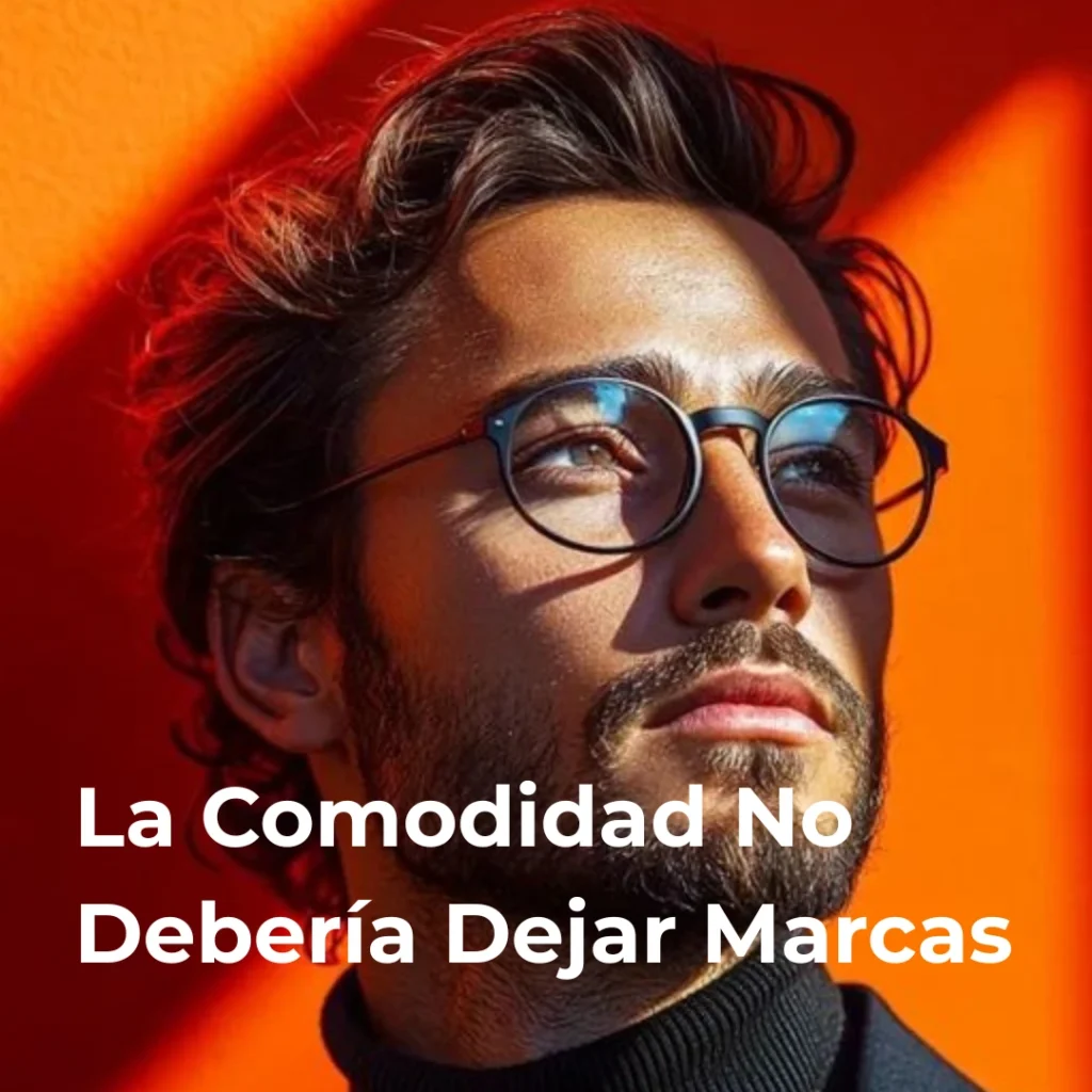 Hombre usando gafas livianas sin marcas en el rostro bajo luz naranja – Óptica Newton Bogotá