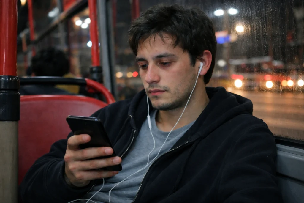 Hombre en bus usando audífonos y celular de noche, la iluminación puede afectar la vista.