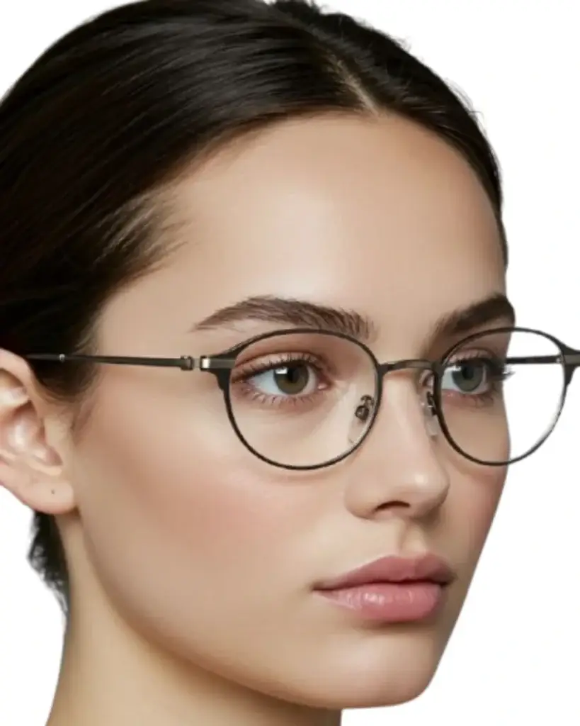 Mujer usando lentes oftálmicos redondos de montura metálica disponibles en Óptica Newton en Bogotá