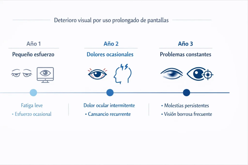 deterioro-visual-uso-prolongado-pantallas-optica-newton. Infografía que ilustra el deterioro visual progresivo (fatiga, dolor ocular, visión borrosa) por el uso prolongado de pantallas, como parte de los servicios de salud visual en Óptica Newton.