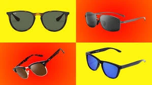 Cuatro pares de gafas de sol, incluyendo estilo Erika color carey, estilo aviador moderno, estilo wayfarer clásico y estilo deportivo con lentes azules polarizadas.