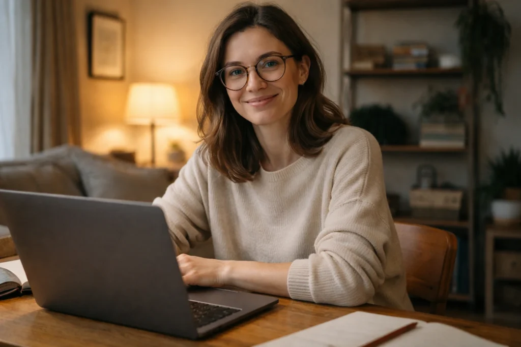 Retrato de una mujer sonriente con gafas de montura redonda, sentada en un escritorio de madera y trabajando en una computadora portátil en su casa.