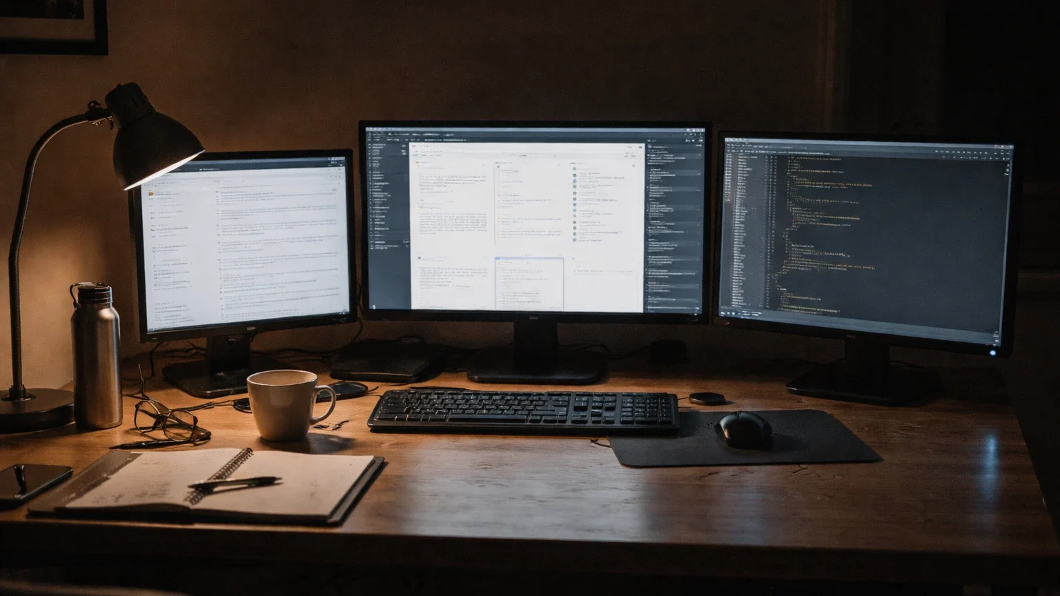 Entorno de oficina con poca luz, un escritorio de madera, tres monitores de computadora encendidos que muestran código de programación y una lámpara de escritorio.