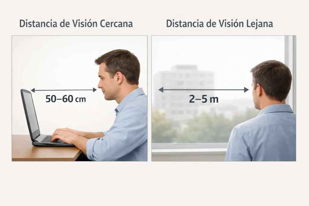 Comparación visual entre la distancia de visión cercana frente al computador (50 a 60 cm) y la visión lejana hacia el exterior (2 a 5 metros), mostrando el esfuerzo visual diferente en cada caso.