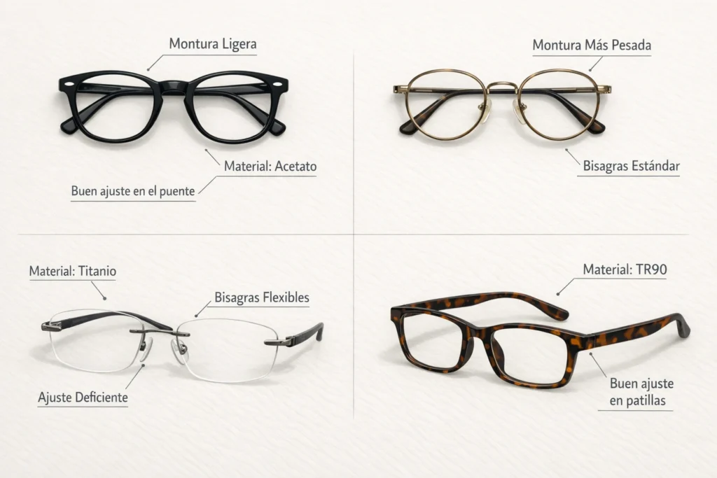 Imagen comparativa de 4 tipos de monturas de gafas de Óptica Newton: Acetato (ligera), Metal (pesada), Titanio (flexibles) y TR90 (buen ajuste).