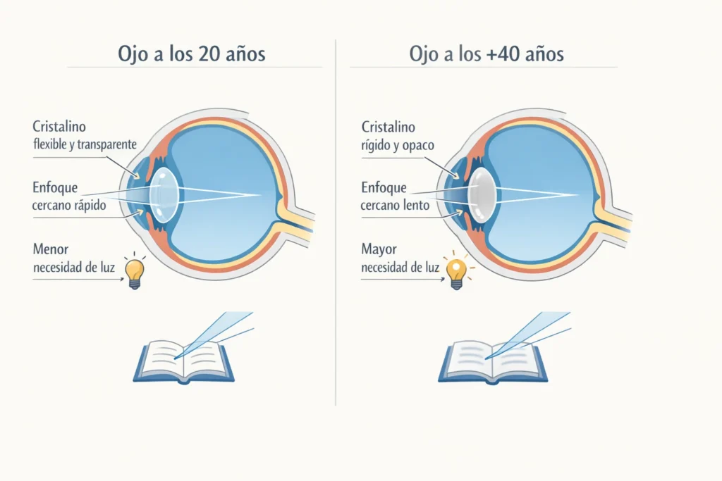 Diagrama comparativo del ojo humano a los 20 años (cristalino flexible) y a los 40+ años (cristalino rígido, presbicia).