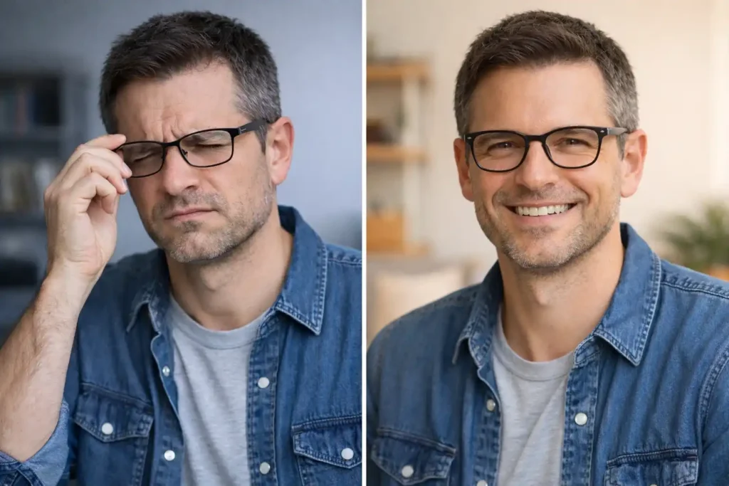 Comparativa: Hombre con visión borrosa y cansancio visual (izquierda) frente a hombre feliz y sonriente con gafas graduadas correctas de Óptica Newton (derecha).