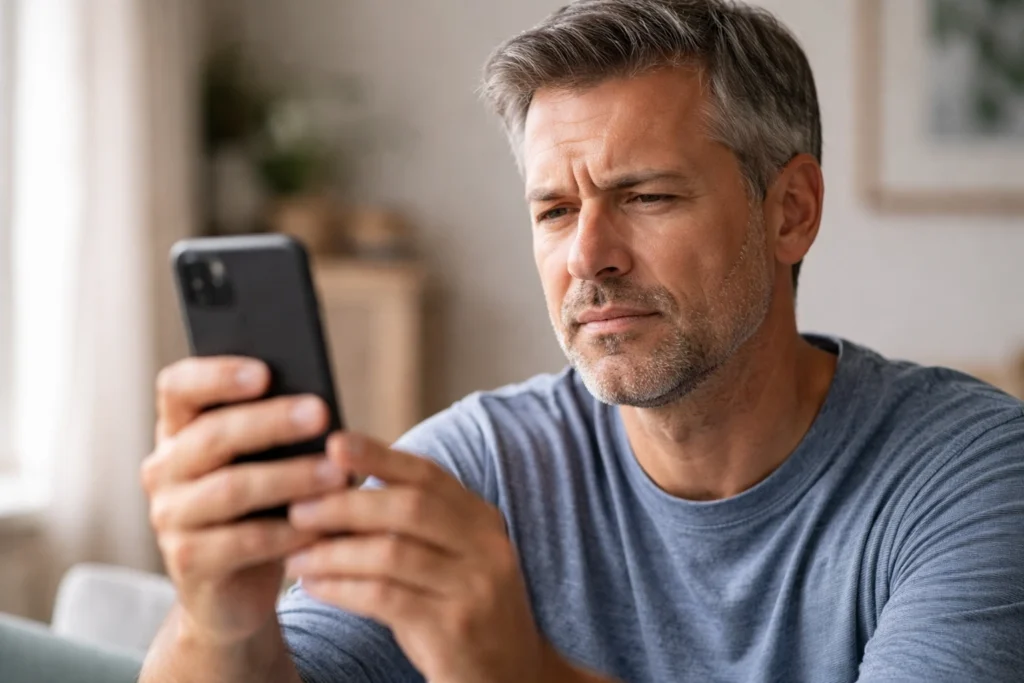 hombre-mediana-edad-arrugando-ceño-telefono-problemas-vision-optica-newton-bogota Un hombre de mediana edad con canas frunce el ceño y entrecierra los ojos mientras mira su teléfono móvil, indicando fatiga visual o posibles problemas de visión. La imagen sugiere la necesidad de un examen ocular profesional.