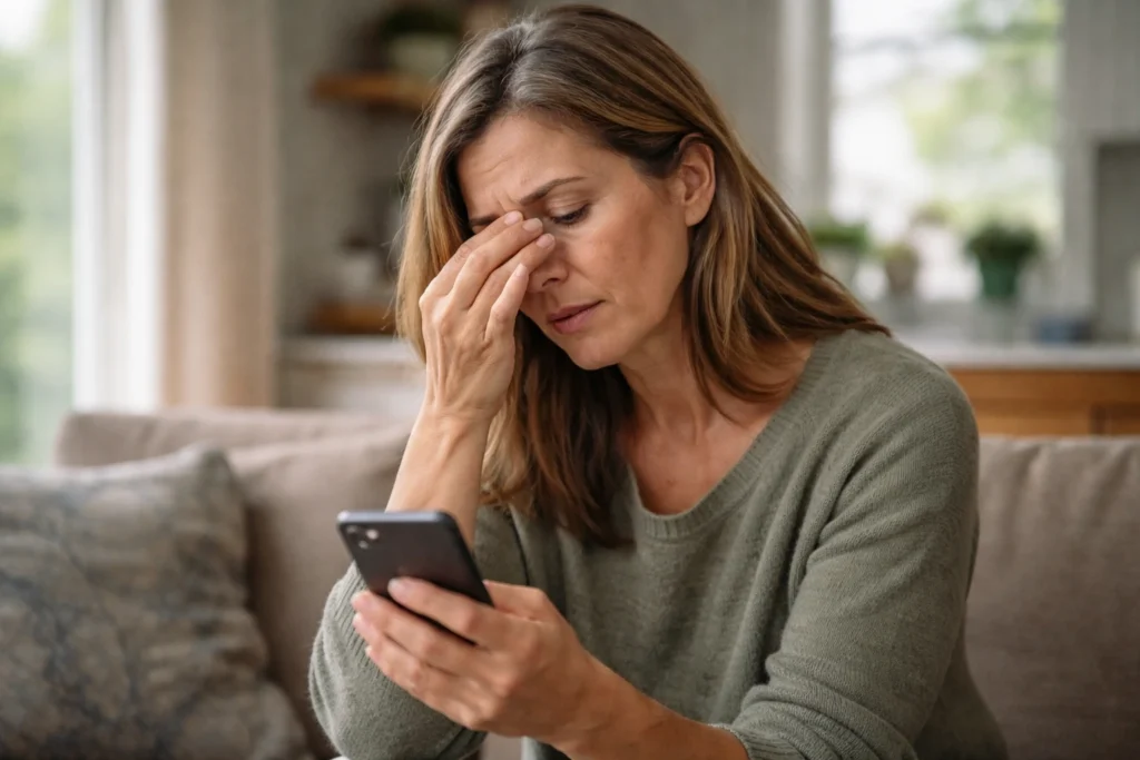 Mujer con dolor de cabeza por fatiga visual mirando el móvil.
