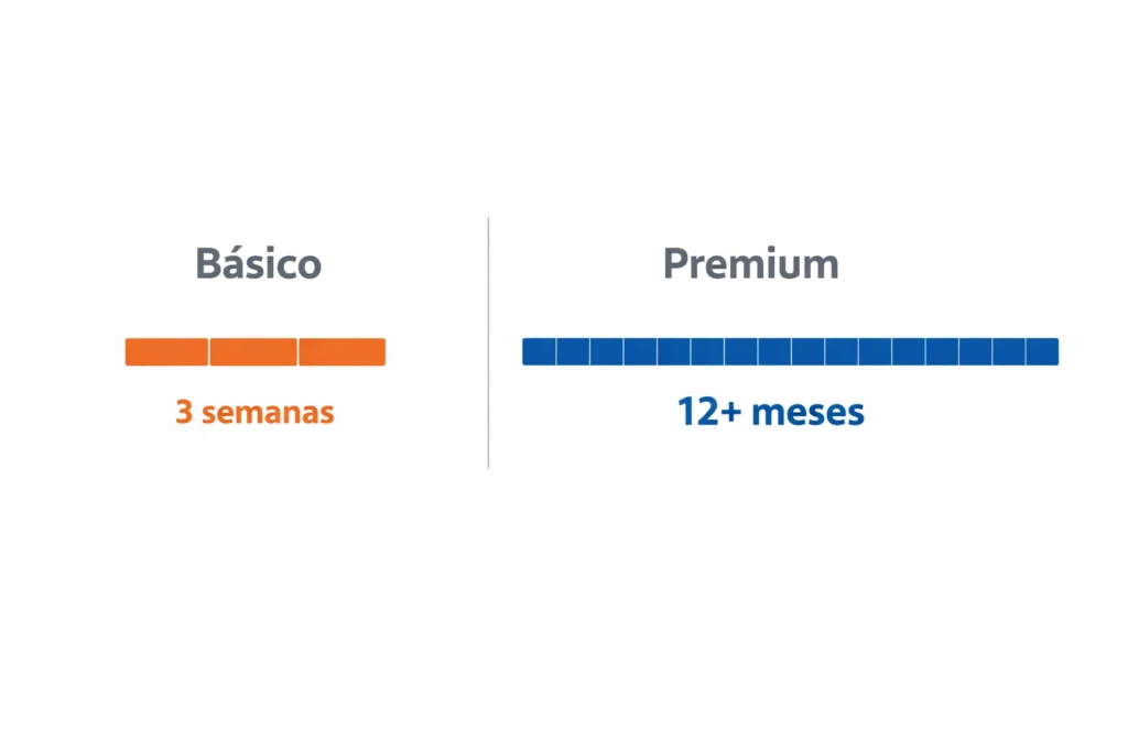 Infografía comparativa de planes Básico (3 semanas de garantía/servicio) y Premium (12+ meses de garantía/servicio) de Óptica Newton en Bogotá.