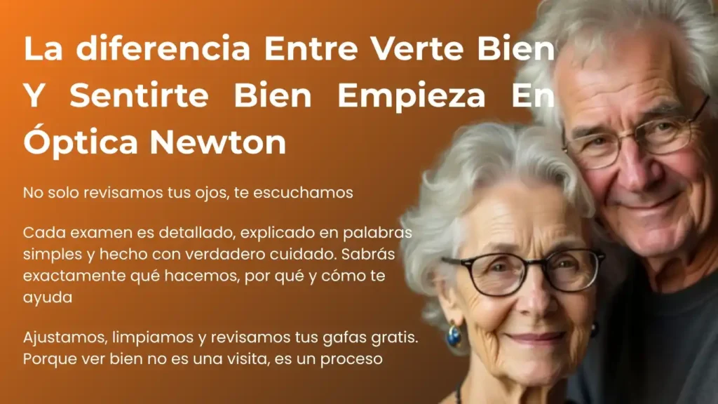 Pareja de adultos mayores felices usando gafas mientras se abrazan, junto a mensaje de Óptica Newton sobre exámenes visuales en Bogotá.